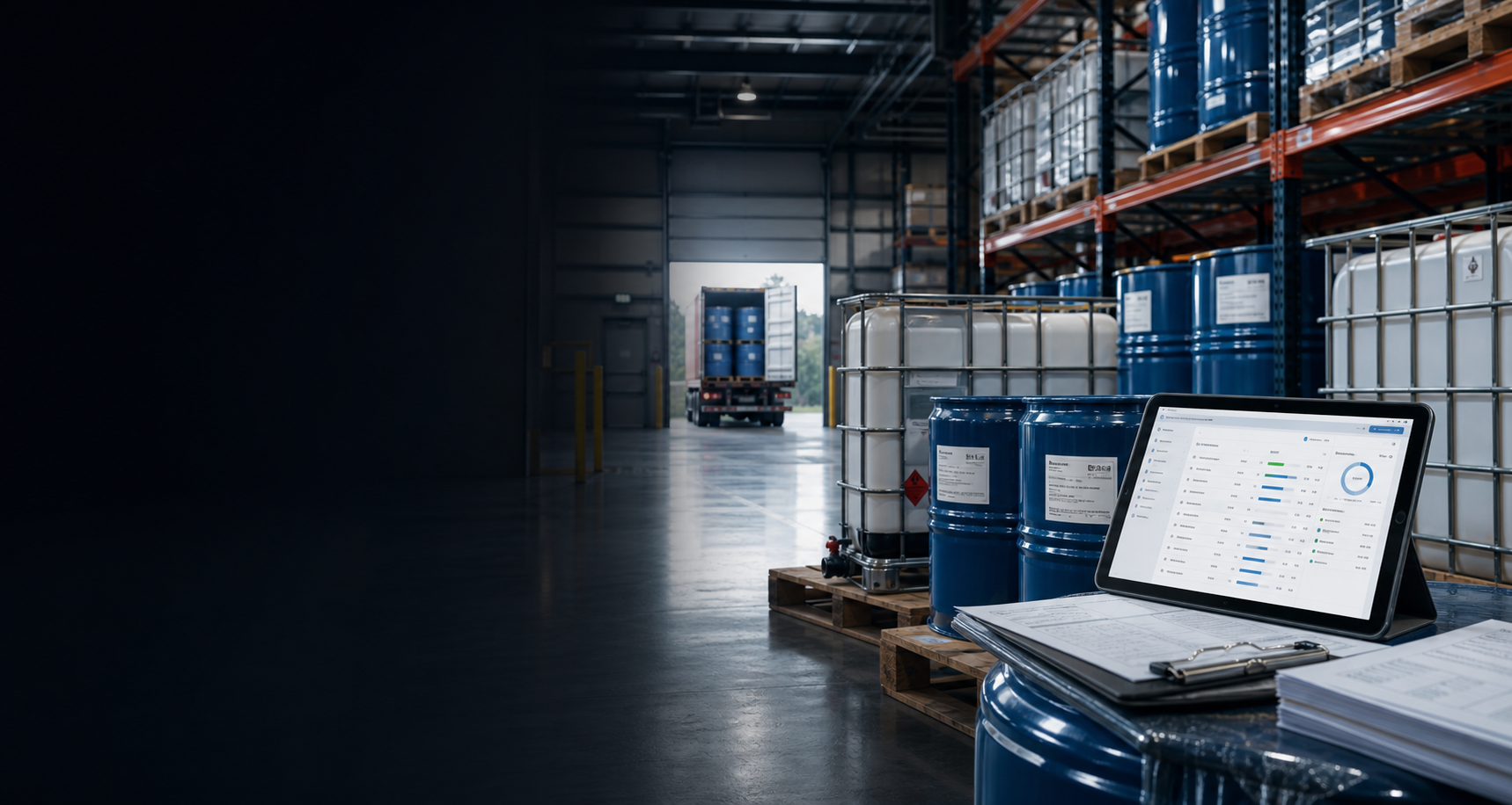 Organized chemical warehouse with procurement dashboard